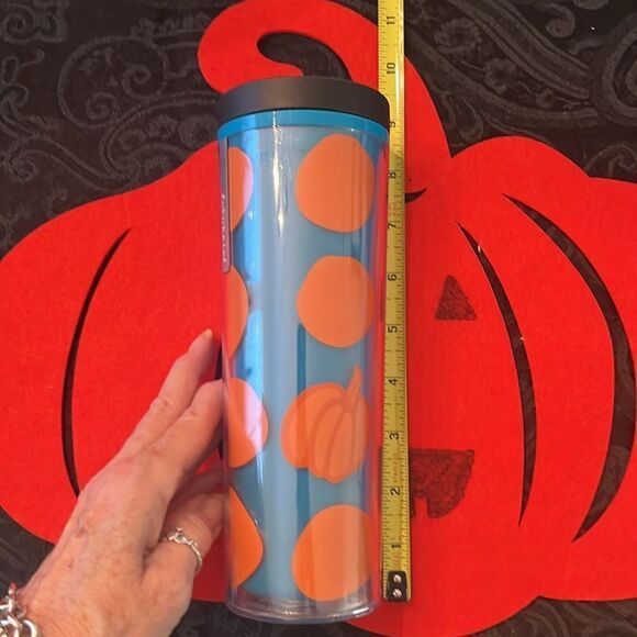 NWT Starbucks 2013 16oz turquoise w/orange pumpkins travel mug w/black slide top - Picture 9 of 9